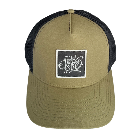Kaki green cap with black mesh back and white logo on a white background