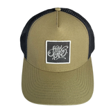 Kaki green cap with black mesh back and white logo on a white background