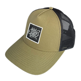 Kaki green trucker cap with black mesh back and logo on a white background