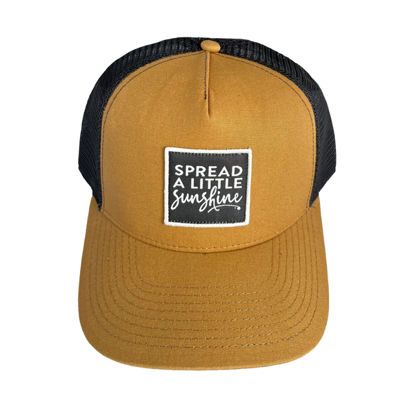 Acorn cap with black mesh back and 'Spread a Little Sunshine' text on a white background