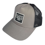 Gray trucker cap with black mesh back and white text on a white background
