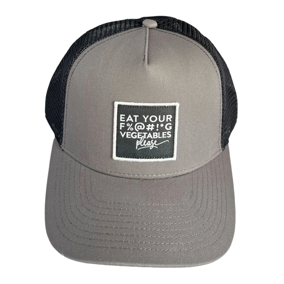 Gray cap with black mesh back and a white patch with text on a white background