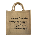 Jute bag with humorous text on a white background